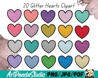 20 Glitter hearts clipart, Romantic glitter clipart, Shimmering heart clipart, Glittery Valentine's Day clipart, Cute glitter heart graphics