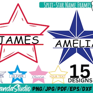 May include: Digital design featuring split-star name frames in various colors. The design includes a red star with the name "JAMES" and a blue star with "AMELIA". Additional star designs with text are also shown, along with the text "15 DESIGNS".
