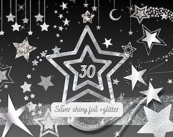 Shiny Glitter Stars bundle | Shiny foil stars clipart | commercial use | Digital Download | silver stars | metallic stars | Clipart PNG