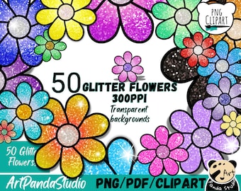 50 Sparkling Glitter Flowers Digital PNG | Glitter clipart commercial use | Instant Download | Rainbow | Summer | Clipart | SVG | Floral