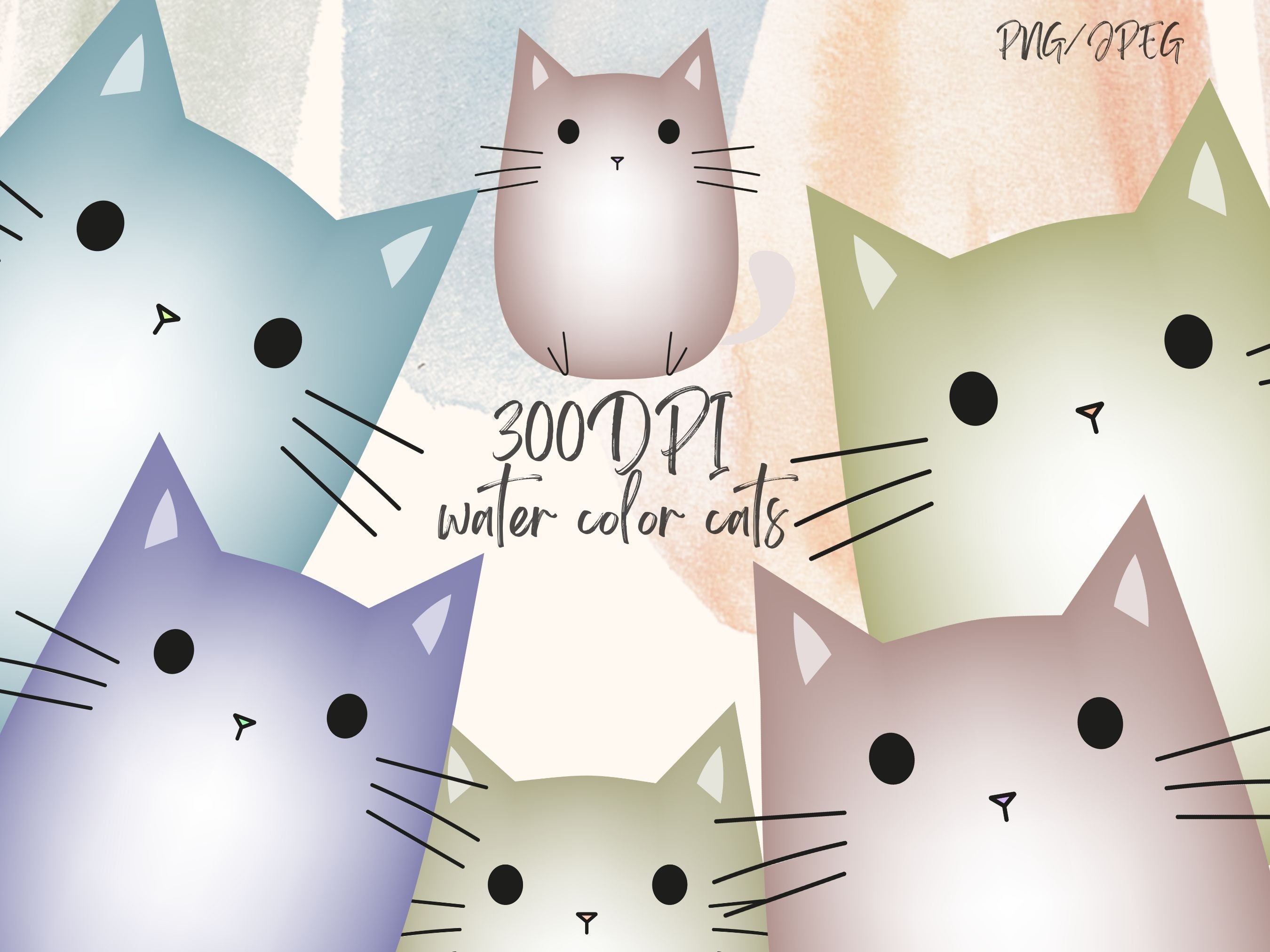 6 Watercolor Cat Clipart -cat Png- Cute Clipart - Instant Download ...