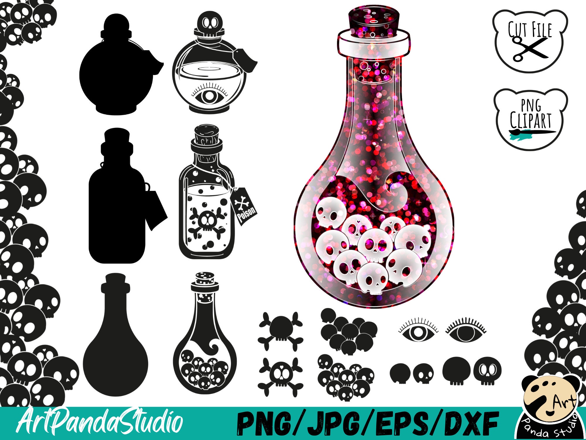 Potion Svg Files 28 Skull Potions SVG Bundle, Magic Potion Bottles SVG, Witchcraft Spell ...