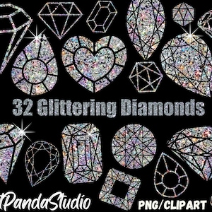 32 Sparkling glitter Diamonds Digital PNG | Diamond Glitter clipart | commercial use | Instant Download | Holo Glitter | Glitter Clipart