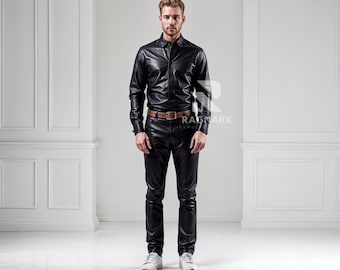 Conjunto de cuero de oveja negro hecho a mano: Camisa y pantalones de motociclista para hombre