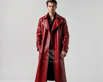 Handgefertigter Roter Leder Trenchcoat: Gothic Steampunk Duster Jacke