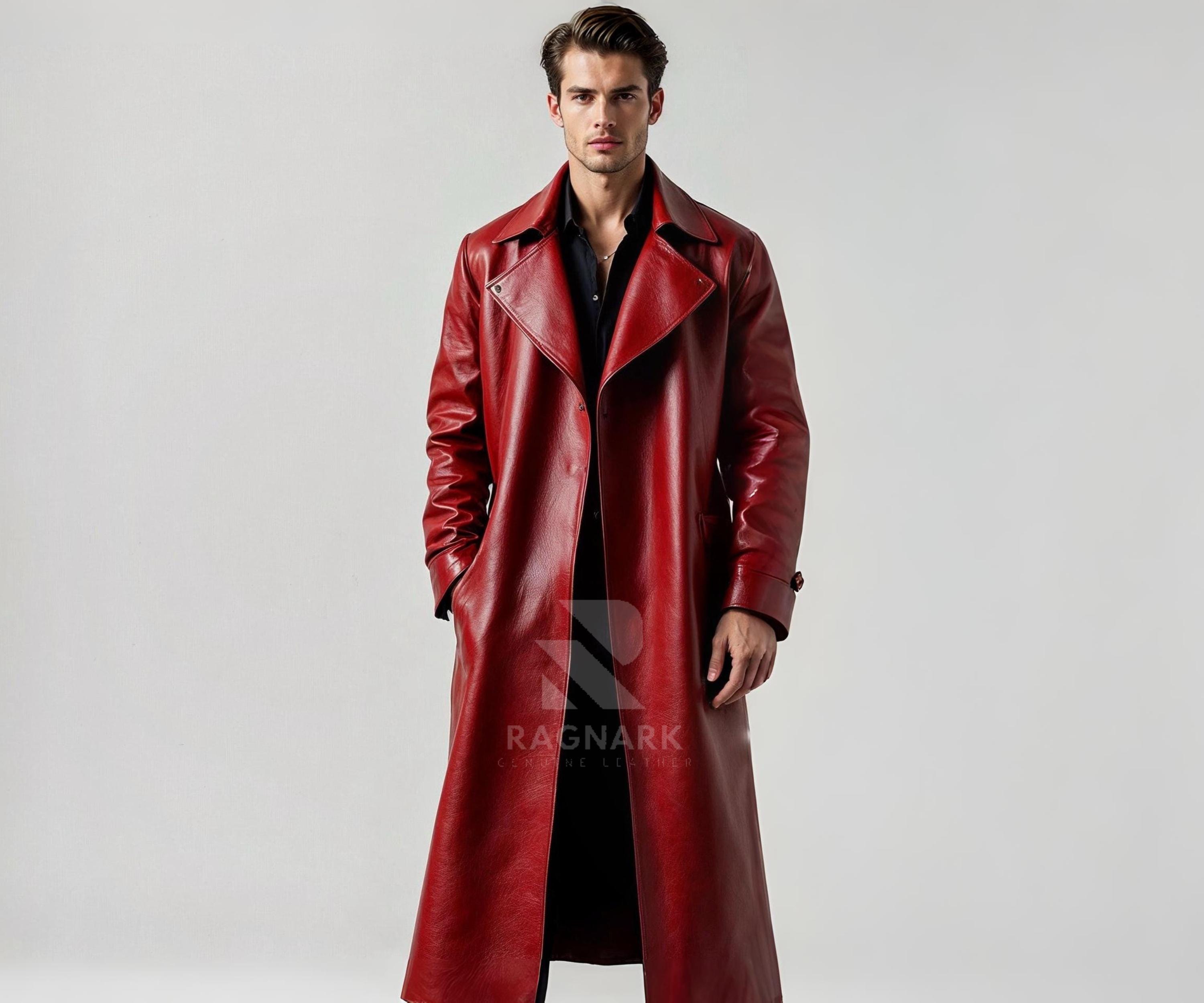 Handmade Red Leather Trench Coat: Gothic Steampunk Duster Jacket