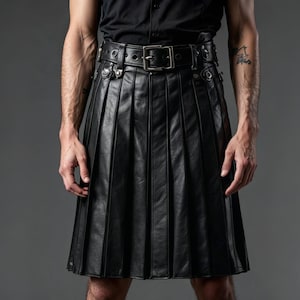 Handmade Gothic Black Leather Kilt - Genuine Pleated Leather Utility Kilt - Steampunk Festival Skirt - Alternative Darkwear for Men