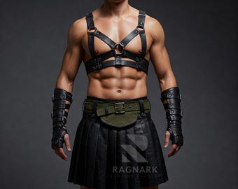 Handmade Leather Gladiator Kilt & Harness: Steampunk Warrior Costume