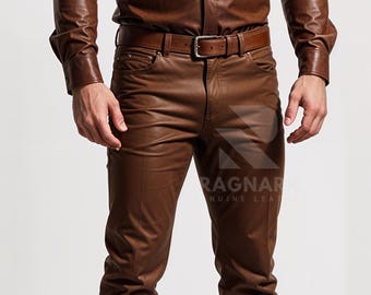 Men's Deep Brown Sheep Leather Pants: Handmade Slim Fit Trousers