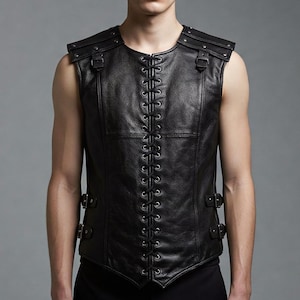 Genuine Leather Gothic Vest - Black Steampunk Lace Up Leather Armor Vest - Handmade Real Leather Cosplay Vest - Leather Vest For Men