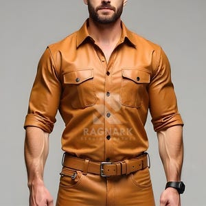 Genuine Leather Tan Shirt – Button-Up Men&#39;s Tan Brown Shirt, Custom Handmade Sheepskin Leather Shirt, Cowboy Vintage Shirts, Gifts For Him