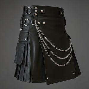 Men&#39;s Genuine Black Leather Scottish Kilt - Gothic Steampunk Rock Festival Skirt - Handmade Leather Kilt with Pockets -  LARP & Cosplay Kilt
