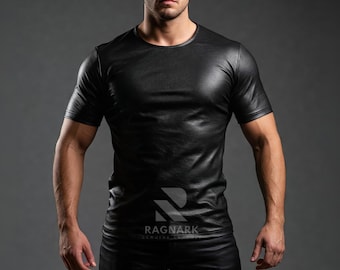 Herr-T-shirt i svart fårskinn: Handgjord slim fit-tröja