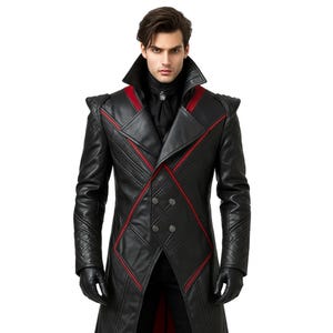 Genuine Leather Trench Coat | Handmade Gothic Long Black Leather Duster with Red Lining | Steampunk Military Vampire Cosplay Long Coat