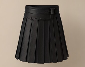 Schwarzer handgefertigter Leder Plisseer Kilt für Steampunk & Gothic Cosplay