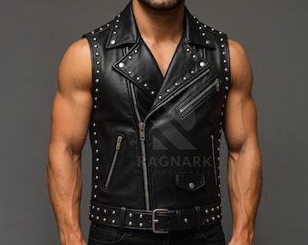 Handmade Studded Leather Biker Vest: Gothic Motorcycle Waistcoat