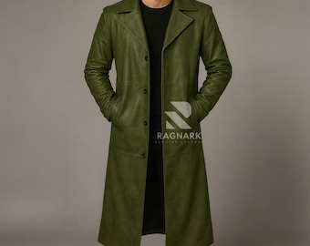 Handmade Olive Green Leather Trench Coat – Steampunk Duster Overcoat