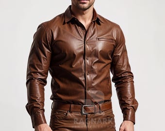 Handgjord kastanjebrun läderskjorta: Vintage cowboystil