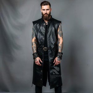 Gothic Long Black Leather Vest - Genuine Leather Sleeveles Trench Coat - Steampunk Vest - Biker Punk Rock Overcoat - Handmade Cyberpunk Vest