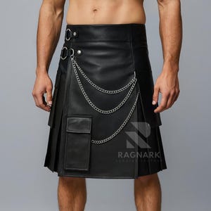 Men’s Black Leather Kilt with Chains | Gothic Punk Utility Kilt | Genuine Leather Pleated Skirt | Handmade Steampunk Festival Cosplay Outfit
