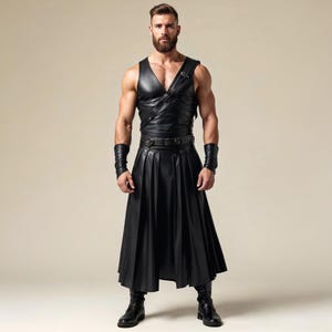 Men’s Genuine Leather Gladiator Costume - Medieval Warrior Outfit - Roman Centurion Armor Vest & Pleated Skirt - Gothic Cosplay Costume