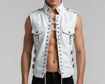 Genuine White Leather Gothic Vest: Steampunk Biker Waistcoat