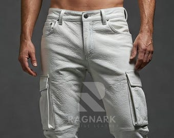 Handmade White Sheep Leather Cargo Pants: Slim Fit Utility Trousers