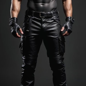 Men's Black Leather Cargo Pants - Genuine Cowhide Tactical Biker Trousers - Gothic Military Combat Pants - Handmade Real Leather Moto Pants