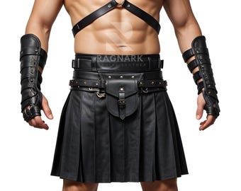 Handmade Leather Gladiator Kilt Outfit: Cosplay Harness & Wrist Cuffs