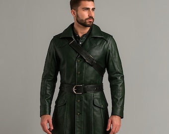 Handmade Green Leather Trench Coat | Military Steampunk Long Duster