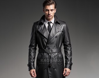 Handmade Black Leather Trench Coat: Double-Breasted Belted Overcoat