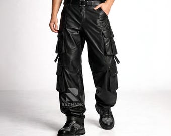 Men’s Black Leather Baggy Cargo Pants | Handmade Urban Streetwear Trousers