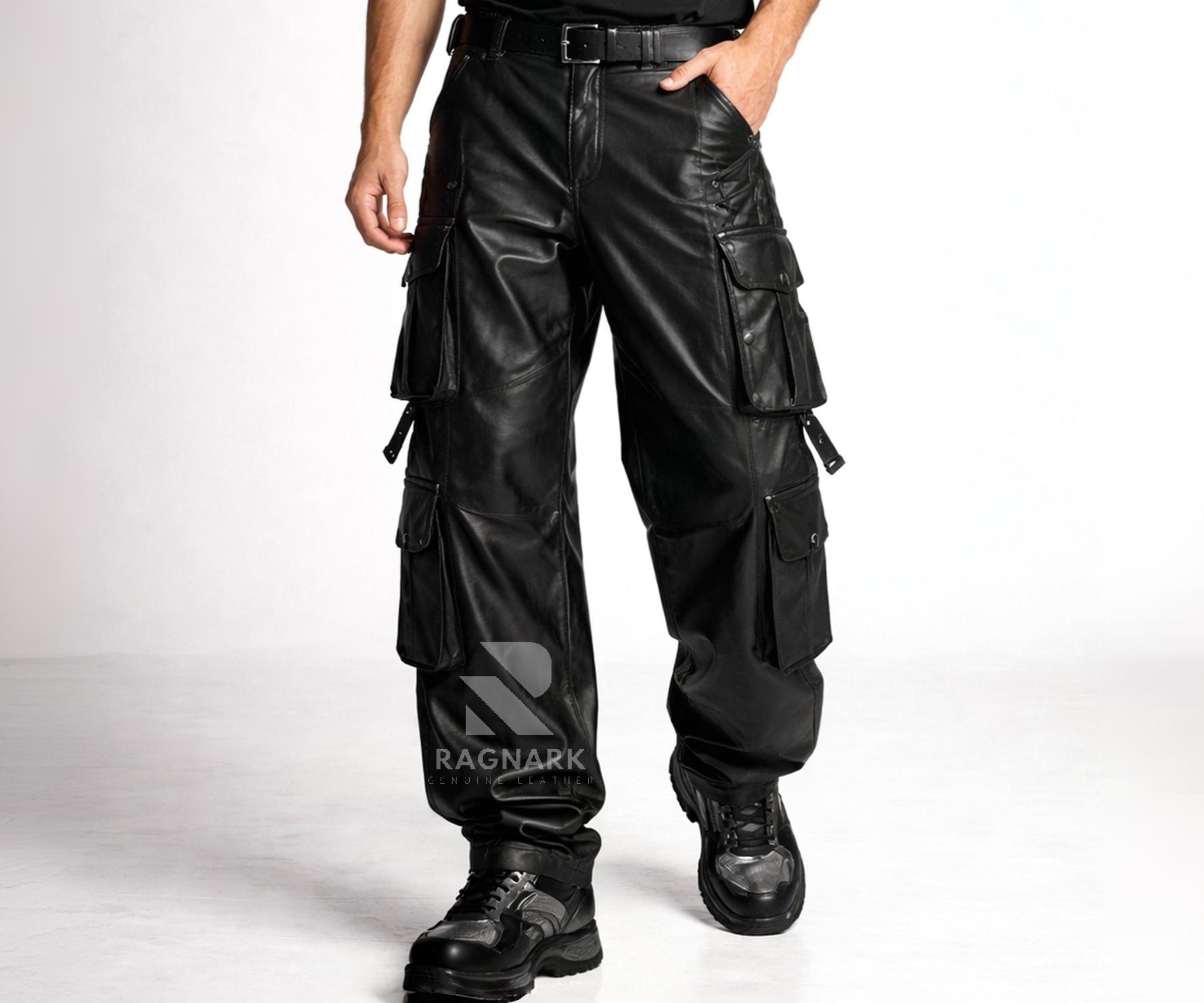 Men's Black Leather Baggy Cargo Pants | Handmade Urban Streetwear