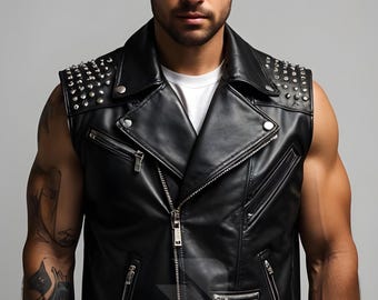 Handmade Studded Leather Biker Vest: Men's Punk Rock Waistcoat