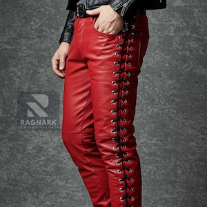Men&#39;s Genuine Red Leather Lace-Up Pants - Handmade Rocker Biker Pants with Side Lace Up - Gothic Steampunk Festival Leather Trousers For Men