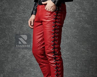 Handmade Red Leather Lace-Up Pants: Gothic Biker Style
