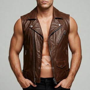 Handmade Biker Leather Vest - Genuine Sheepskin Brown Leather Vest - Men&#39;s Brown Vest - Leather Waistcoat - Gifts For Him - Brando Bar Vest