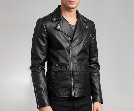 Handmade Black Sheep Leather Biker Jacket: Slim Fit Moto Coat