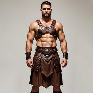 Gladiator Leather Kilt & Harness - Genuine Leather Cosplay Costume - Roman Warrior Leather Kilt With Chest Harness, Handmade Leather Costume
