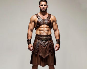 Kilt de gladiador e arnês de peito feitos à mão em couro genuíno - Fantasia para cosplay