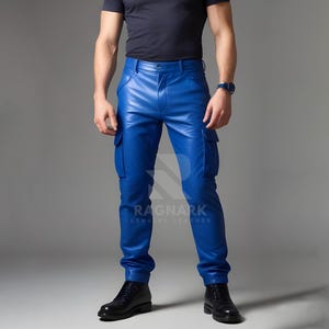 Men&#39;s Genuine Leather Cargo Pants - Handmade Blue Sheepskin Leather Trousers - Streetwear Biker Rocker Pants - Gift For Men