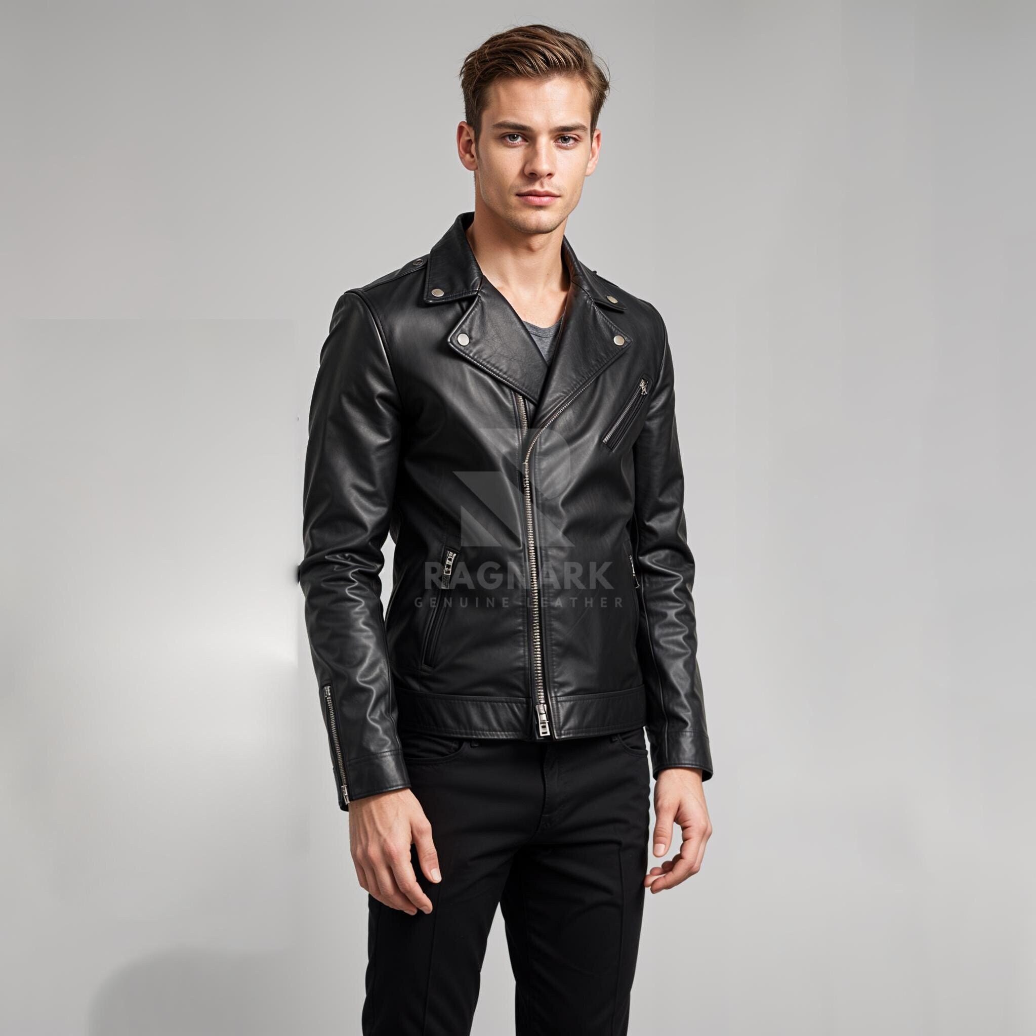 Handmade Black Sheep Leather Biker Jacket: Slim Fit Moto Coat