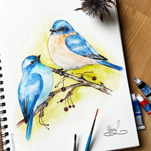 Arte original de pájaro de acuarela para imprimir, arte de acuarela de pájaro azul, arte de descargas digitales, arte de pared, póster, tarjeta