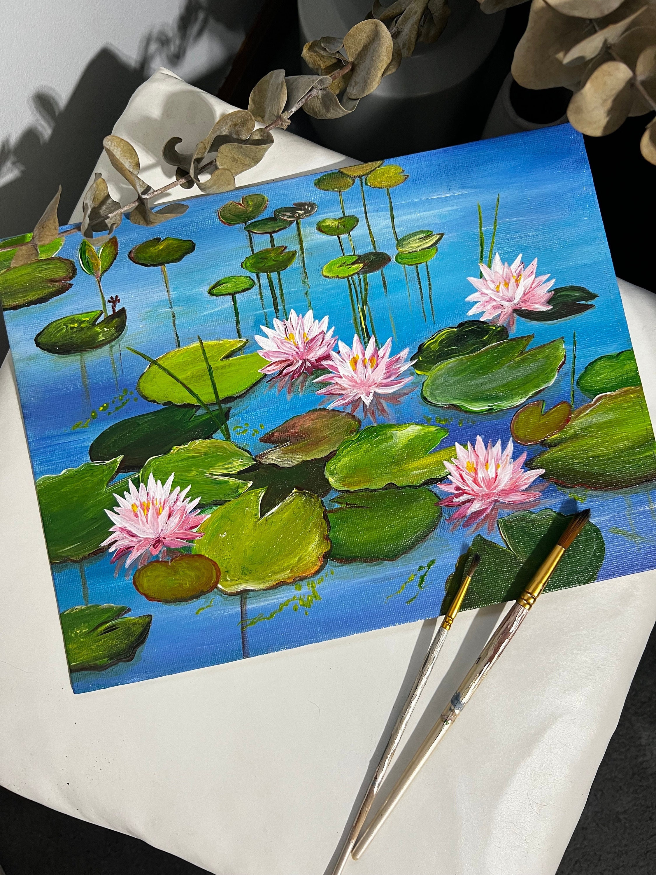 water-lilies-acrylic-painting-on-canvas-panel-hand-painted-wall-art-etsy