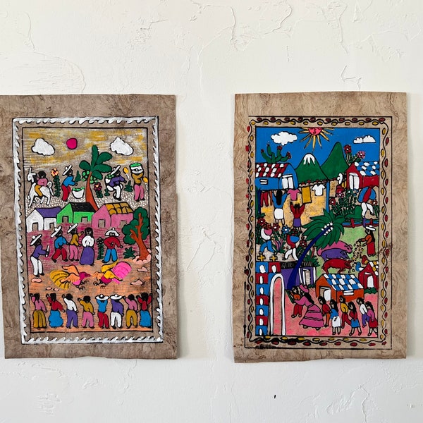 Vintage Mexican Amate paintings (unframed) ~ Set of 2