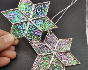 Two small snowflakes, iridescent handmade stained glass Christmas ornaments
