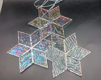 Three small snowflakes, iridescent handmade stained glass Christmas ornaments