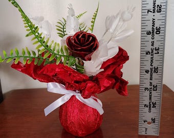 Hand forged red rose bouquet in vase, Valentines gift