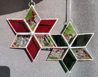 Holly berry star Christmas ornament, handmade suncatcher