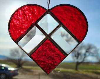 Red prism heart suncatcher, handmade stained glass ornament